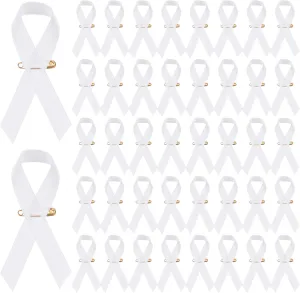 100-Pack White Awareness Ribbons, Satin Ribbon with Safety Pins for Charity Public/Social Event/Party/Clothing Decoration, Hope Faith Awareness Lapel Brooch