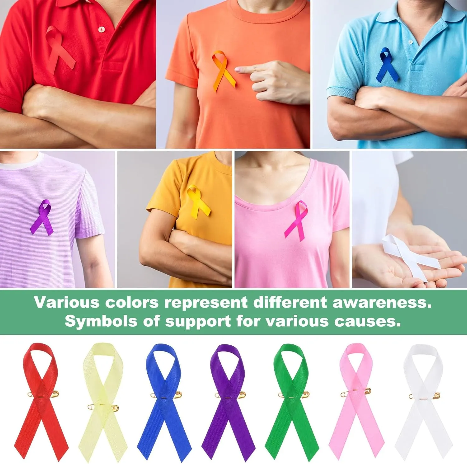 100-Pack White Awareness Ribbons, Satin Ribbon with Safety Pins for Charity Public/Social Event/Party/Clothing Decoration, Hope Faith Awareness Lapel Brooch
