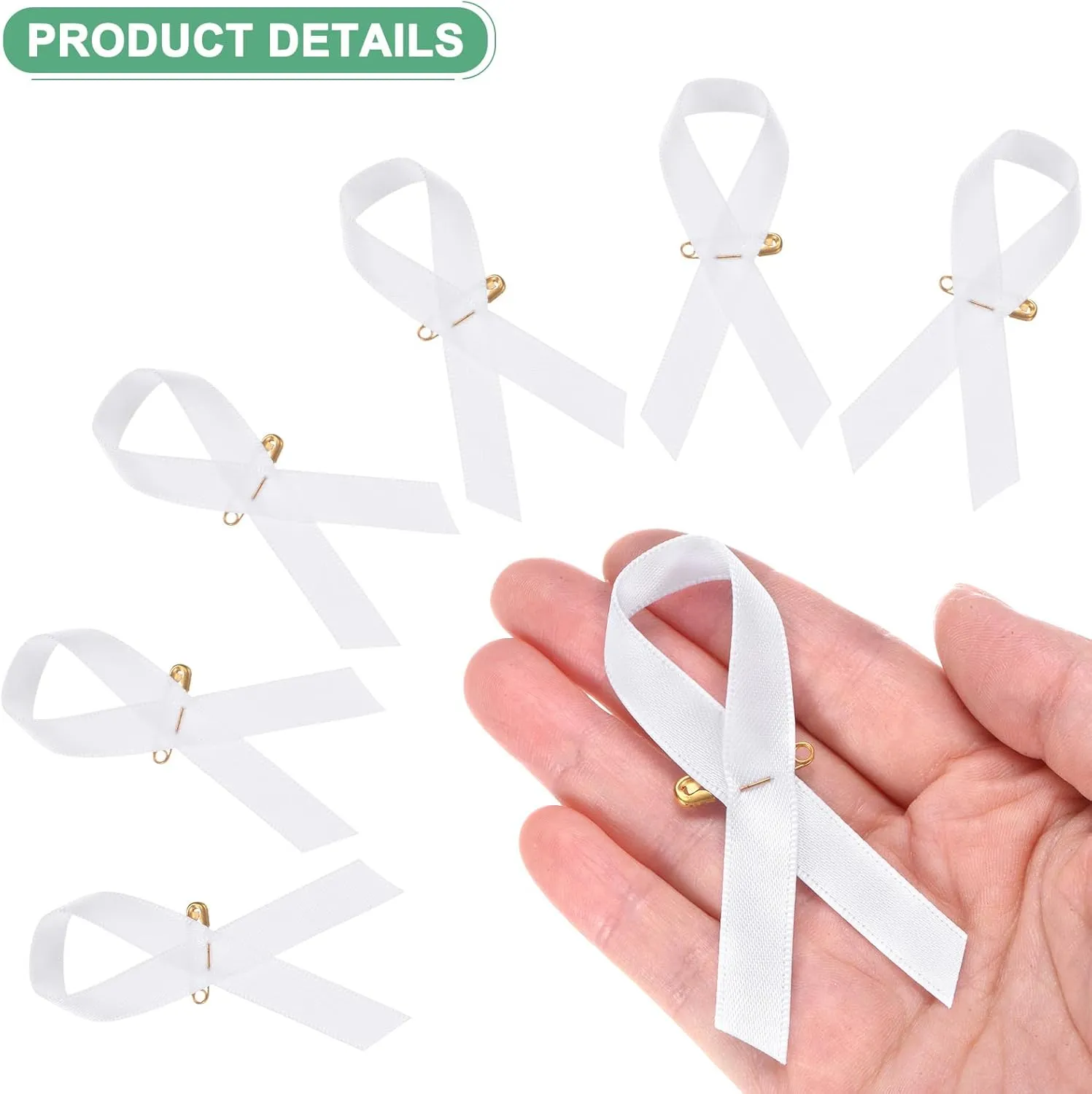 100-Pack White Awareness Ribbons, Satin Ribbon with Safety Pins for Charity Public/Social Event/Party/Clothing Decoration, Hope Faith Awareness Lapel Brooch