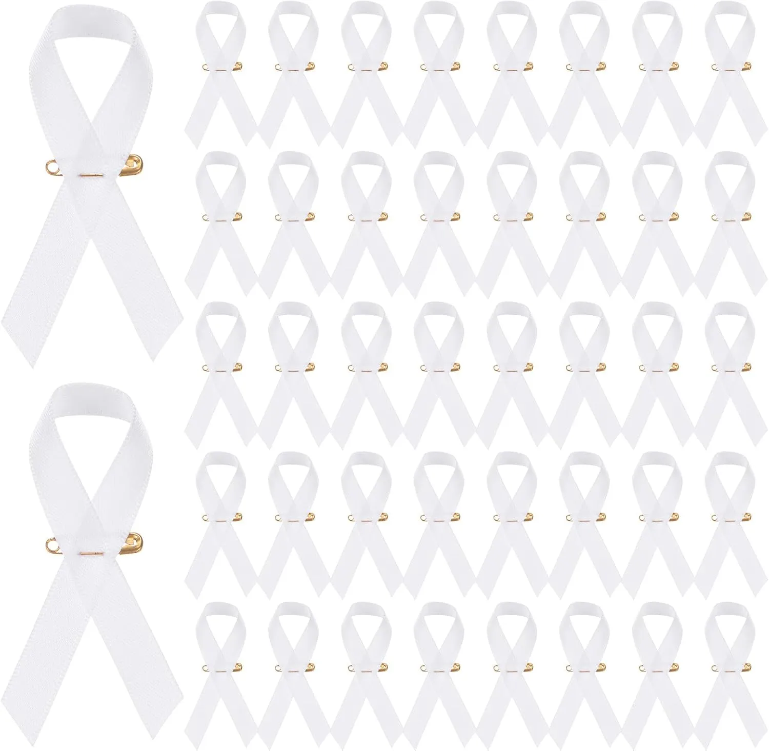 100-Pack White Awareness Ribbons, Satin Ribbon with Safety Pins for Charity Public/Social Event/Party/Clothing Decoration, Hope Faith Awareness Lapel Brooch