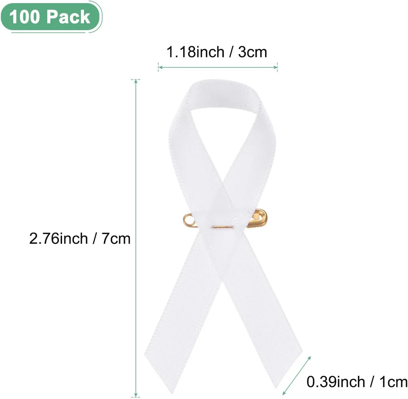 100-Pack White Awareness Ribbons, Satin Ribbon with Safety Pins for Charity Public/Social Event/Party/Clothing Decoration, Hope Faith Awareness Lapel Brooch
