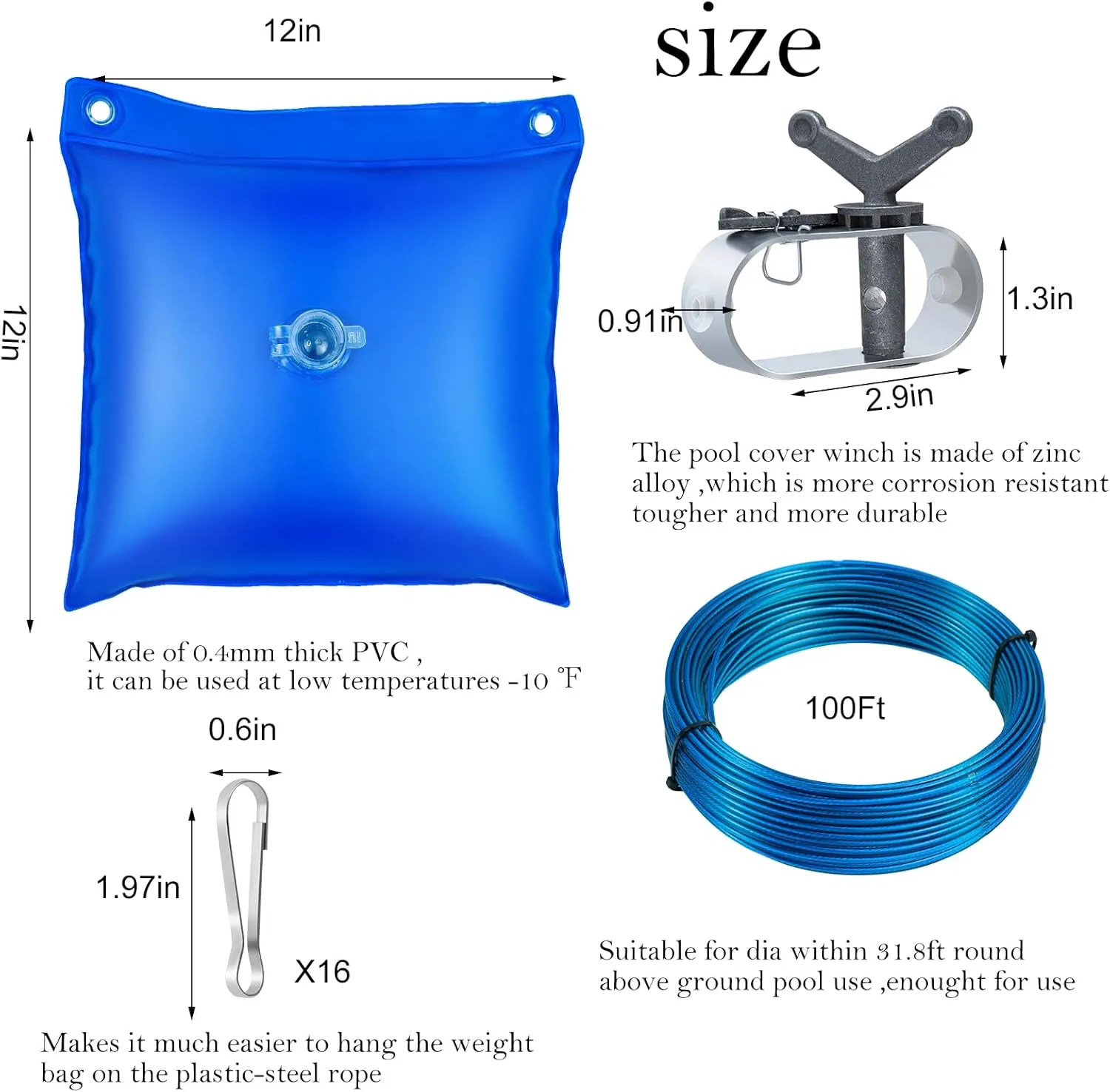 10PCS Upgrade Pool Cover Weight Bags with Hooks, 12×12 Inch Thick PVC Swimming Pool Cover Hanging Water Bag Heavy Duty Pool Cover Wall Bags Above Ground Pool Closing Kit for Winter Pool Cover
