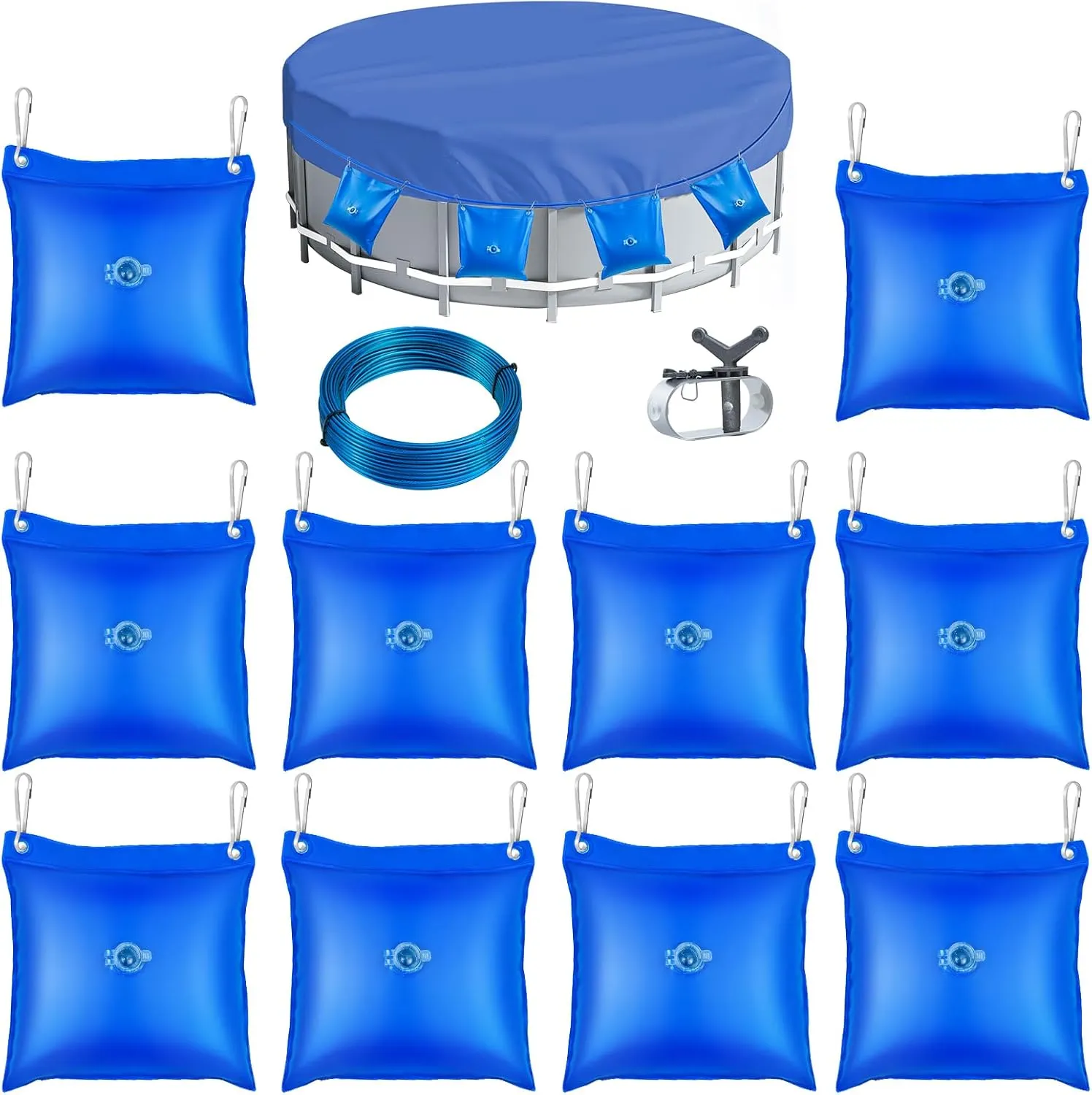 10PCS Upgrade Pool Cover Weight Bags with Hooks, 12×12 Inch Thick PVC Swimming Pool Cover Hanging Water Bag Heavy Duty Pool Cover Wall Bags Above Ground Pool Closing Kit for Winter Pool Cover