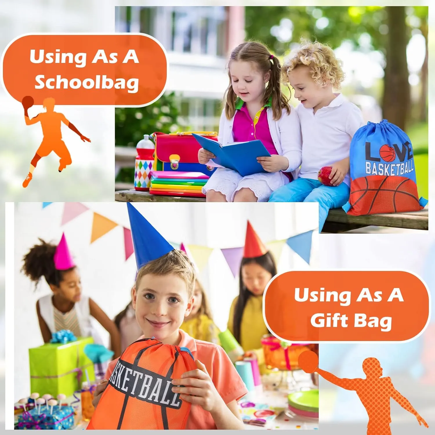 12 Pcs Sports Party Favor Sports Drawstring Gift Bags Travel Sports Candy Goodie Bags for Party Workout Supplies (Basketball, 12 x 14 Inch)