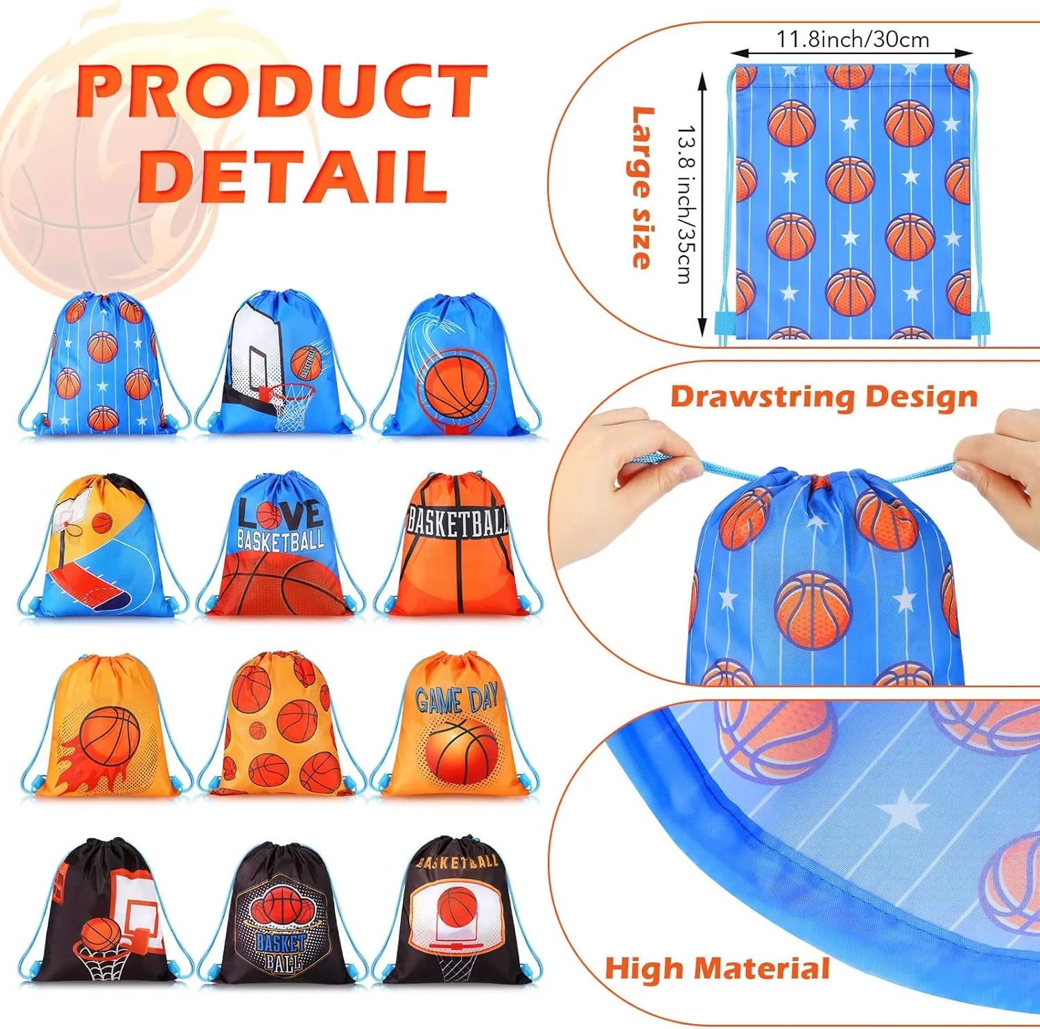12 Pcs Sports Party Favor Sports Drawstring Gift Bags Travel Sports Candy Goodie Bags for Party Workout Supplies (Basketball, 12 x 14 Inch)