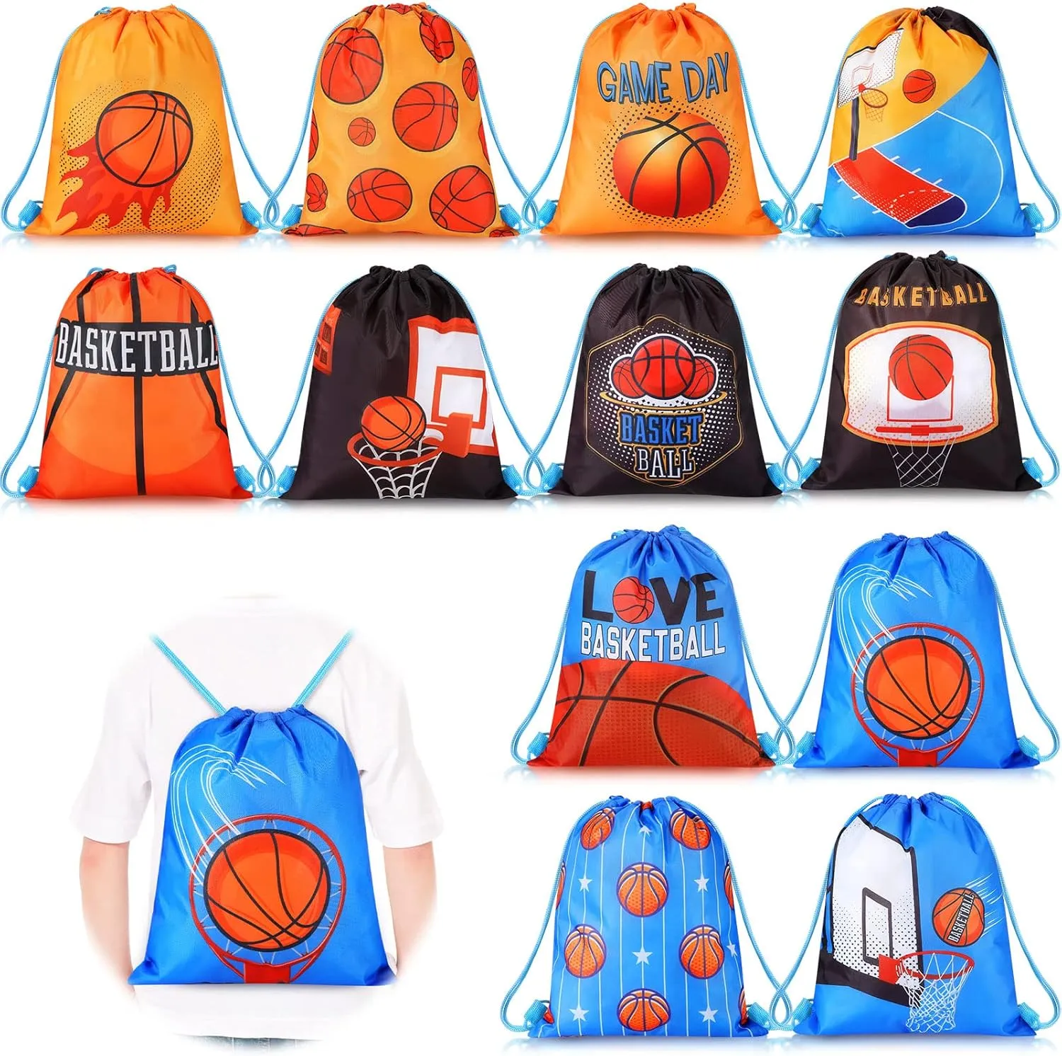 12 Pcs Sports Party Favor Sports Drawstring Gift Bags Travel Sports Candy Goodie Bags for Party Workout Supplies (Basketball, 12 x 14 Inch)