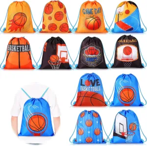 12 Pcs Sports Party Favor Sports Drawstring Gift Bags Travel Sports Candy Goodie Bags for Party Workout Supplies (Basketball, 12 x 14 Inch)