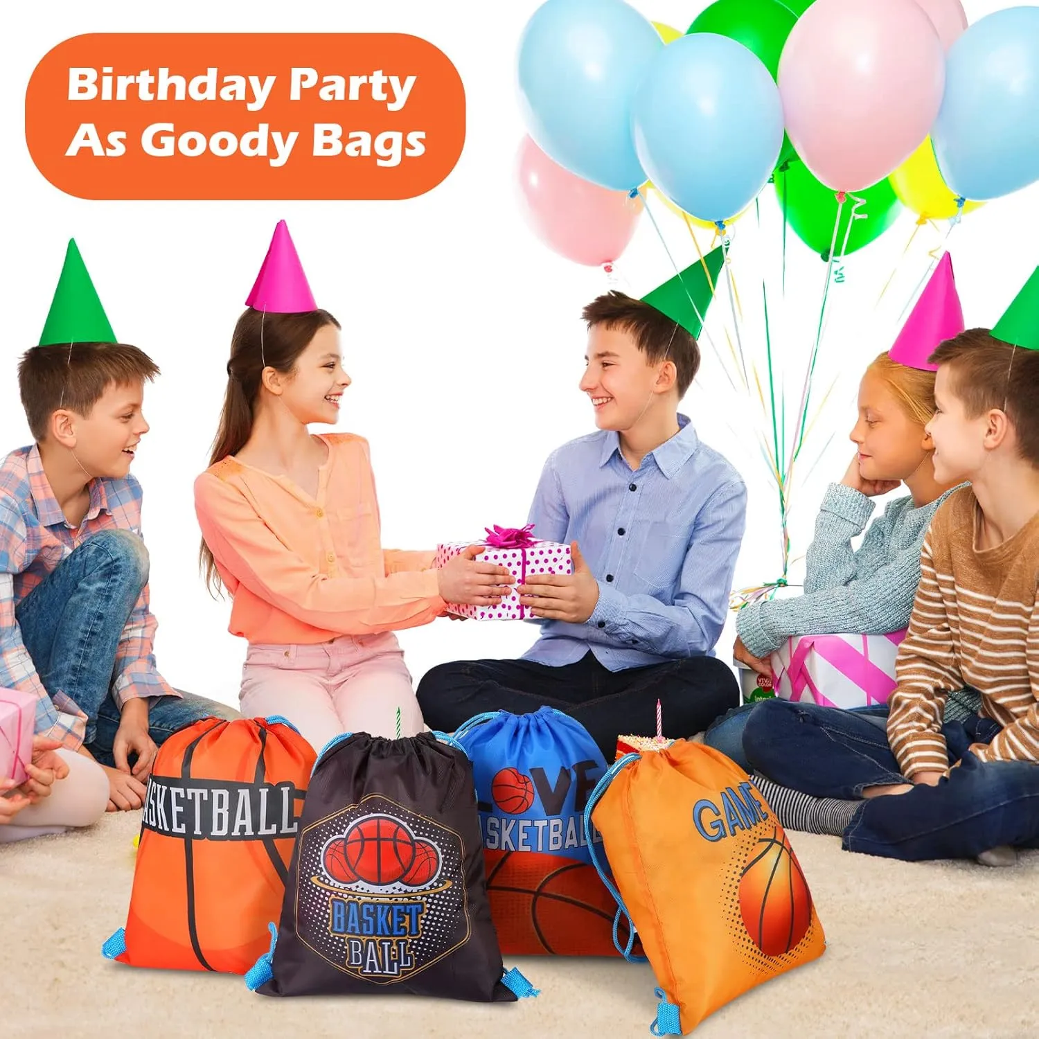 12 Pcs Sports Party Favor Sports Drawstring Gift Bags Travel Sports Candy Goodie Bags for Party Workout Supplies (Basketball, 12 x 14 Inch)