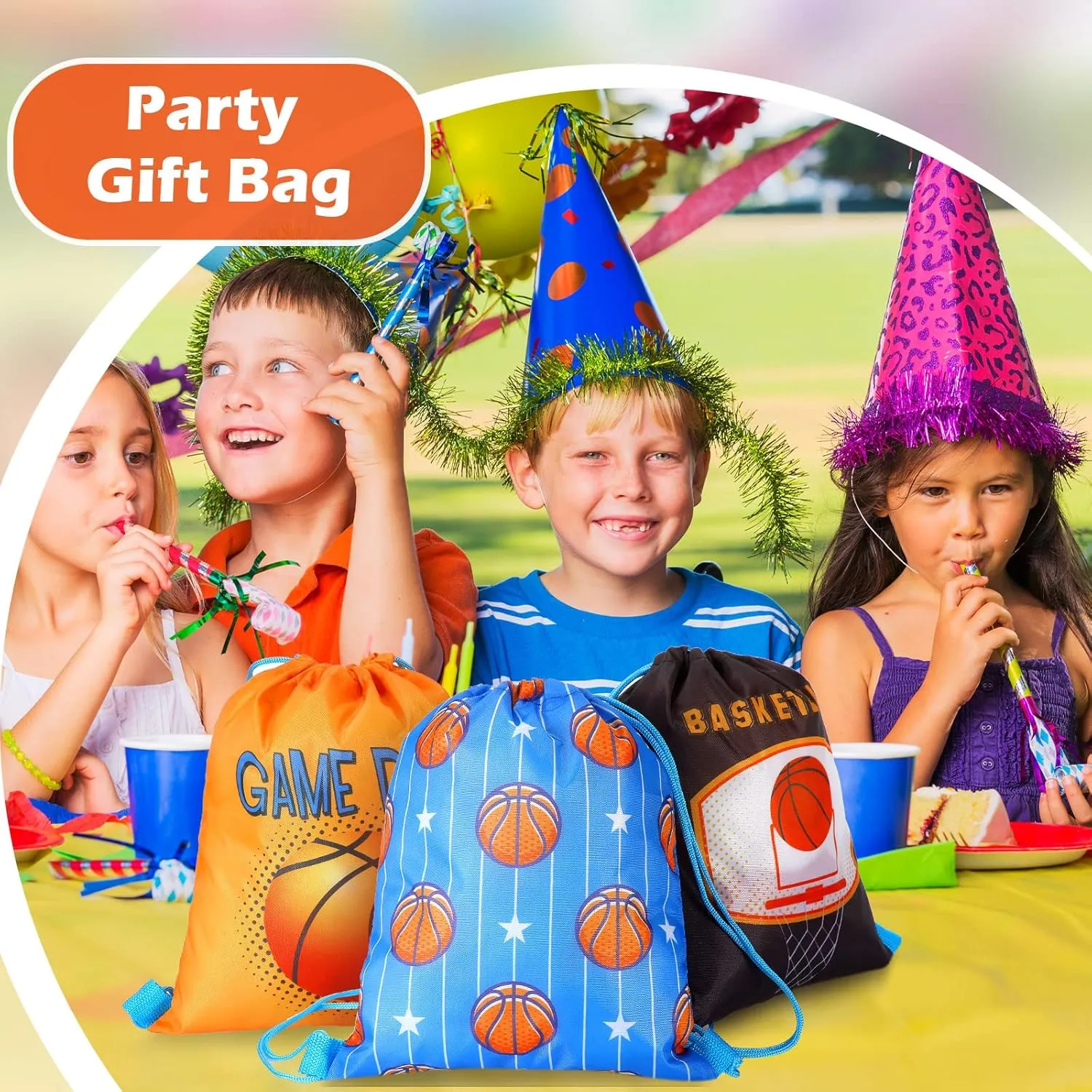 12 Pcs Sports Party Favor Sports Drawstring Gift Bags Travel Sports Candy Goodie Bags for Party Workout Supplies (Basketball, 12 x 14 Inch)