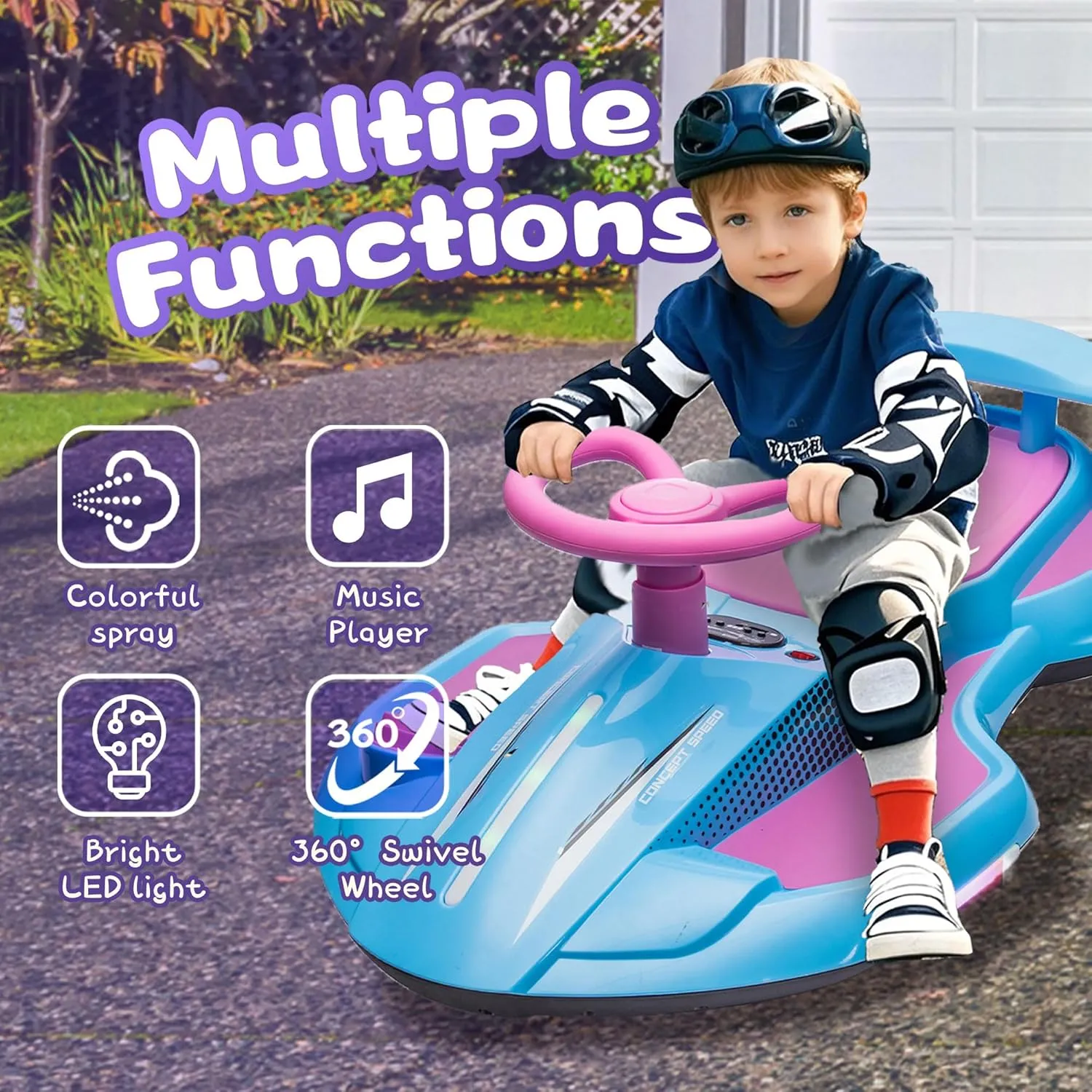 12V Kids Electric Wiggle Car with Drift Function, 360° Spin, Cool Mist Spray, Bluetooth Music, Interactive LED Lights, USB/MP3, Pedal Drive, 110 LBS Capacity, Ages 3 ,Blue