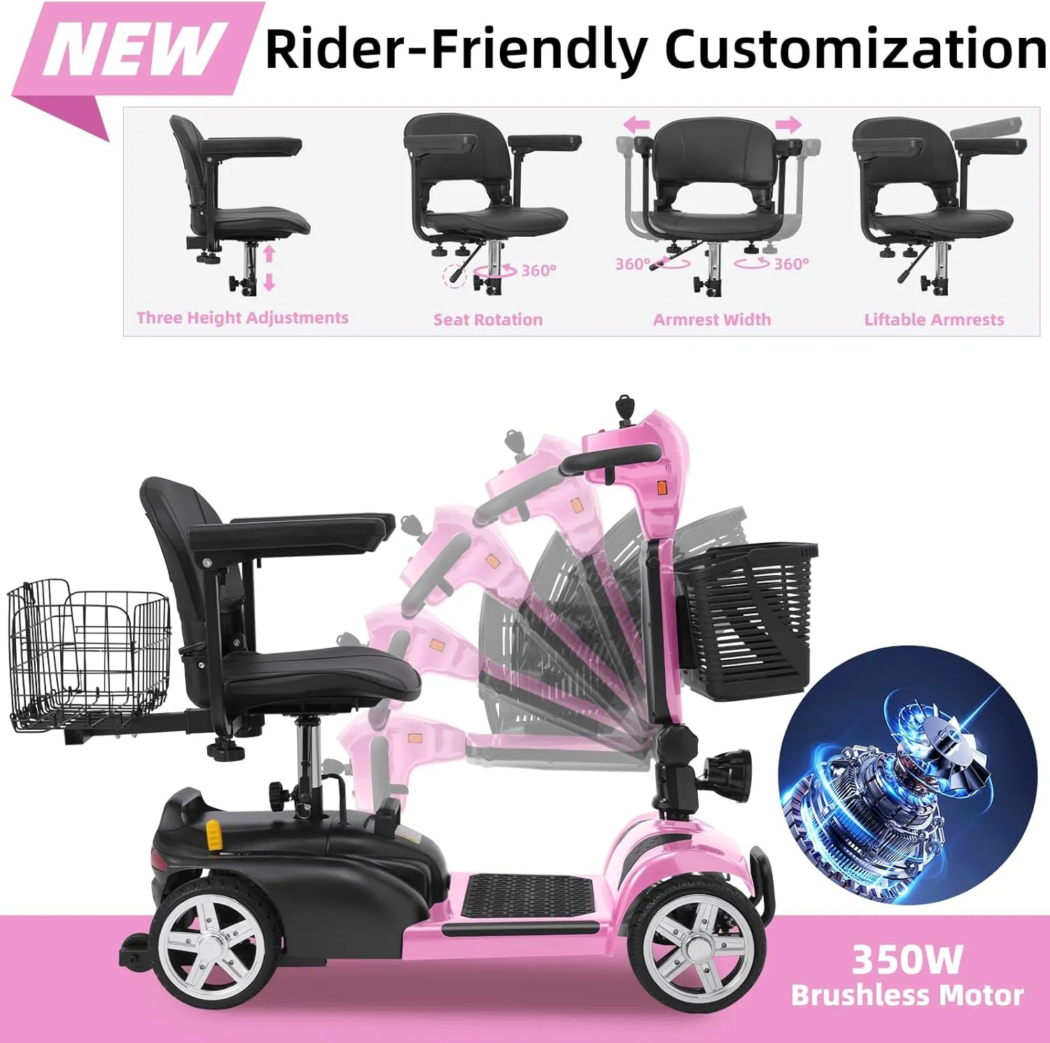 15/30 Miles Mbxcooter 4 Wheels Mobility Scooter for Adults&Seniors Up to 300LBS, 350W Electric Powered Wheelchair Device with Extended Battery, Dual Baskets, Rotating Seat, Weight Only 58 Pounds