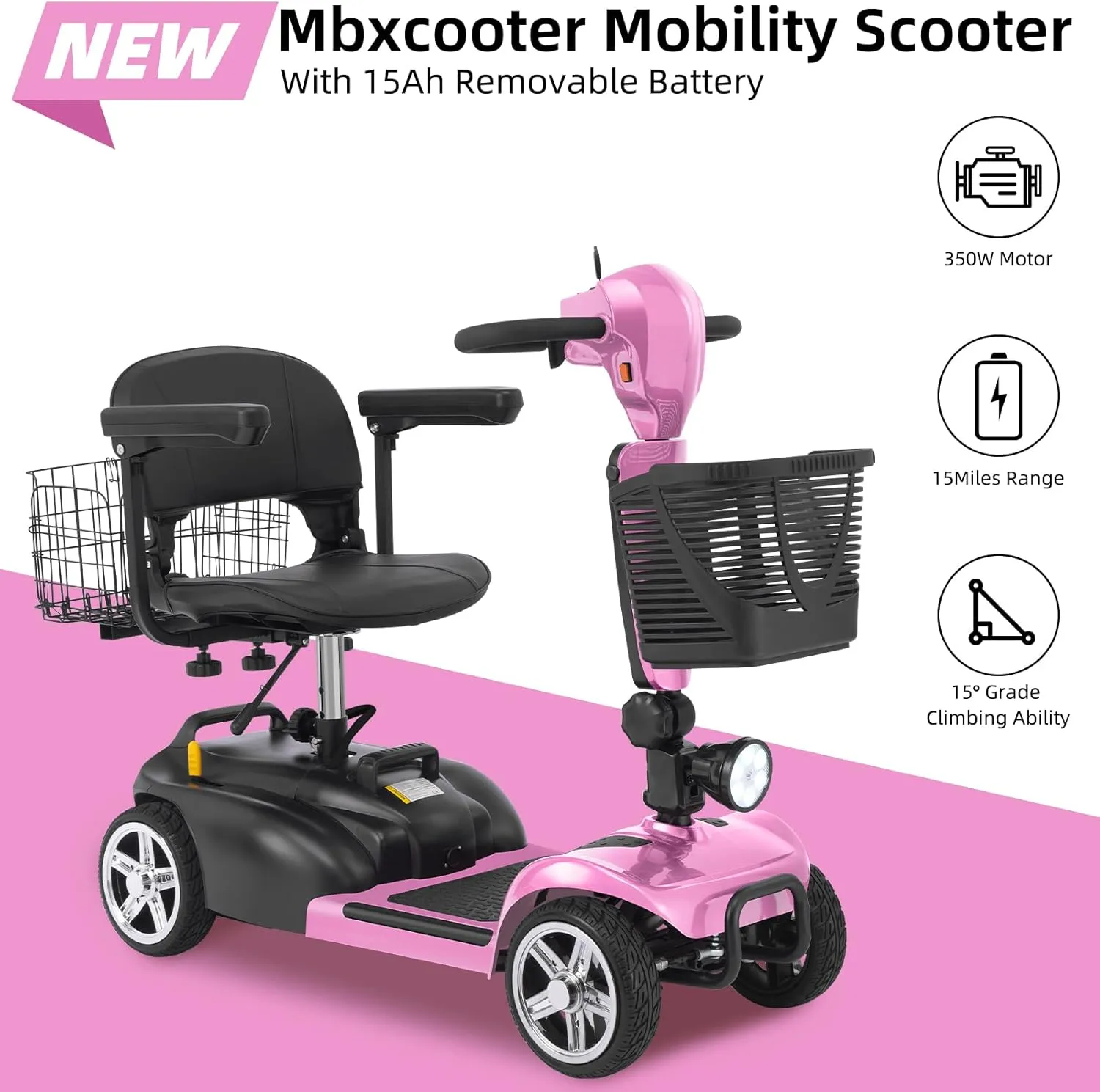 15/30 Miles Mbxcooter 4 Wheels Mobility Scooter for Adults&Seniors Up to 300LBS, 350W Electric Powered Wheelchair Device with Extended Battery, Dual Baskets, Rotating Seat, Weight Only 58 Pounds