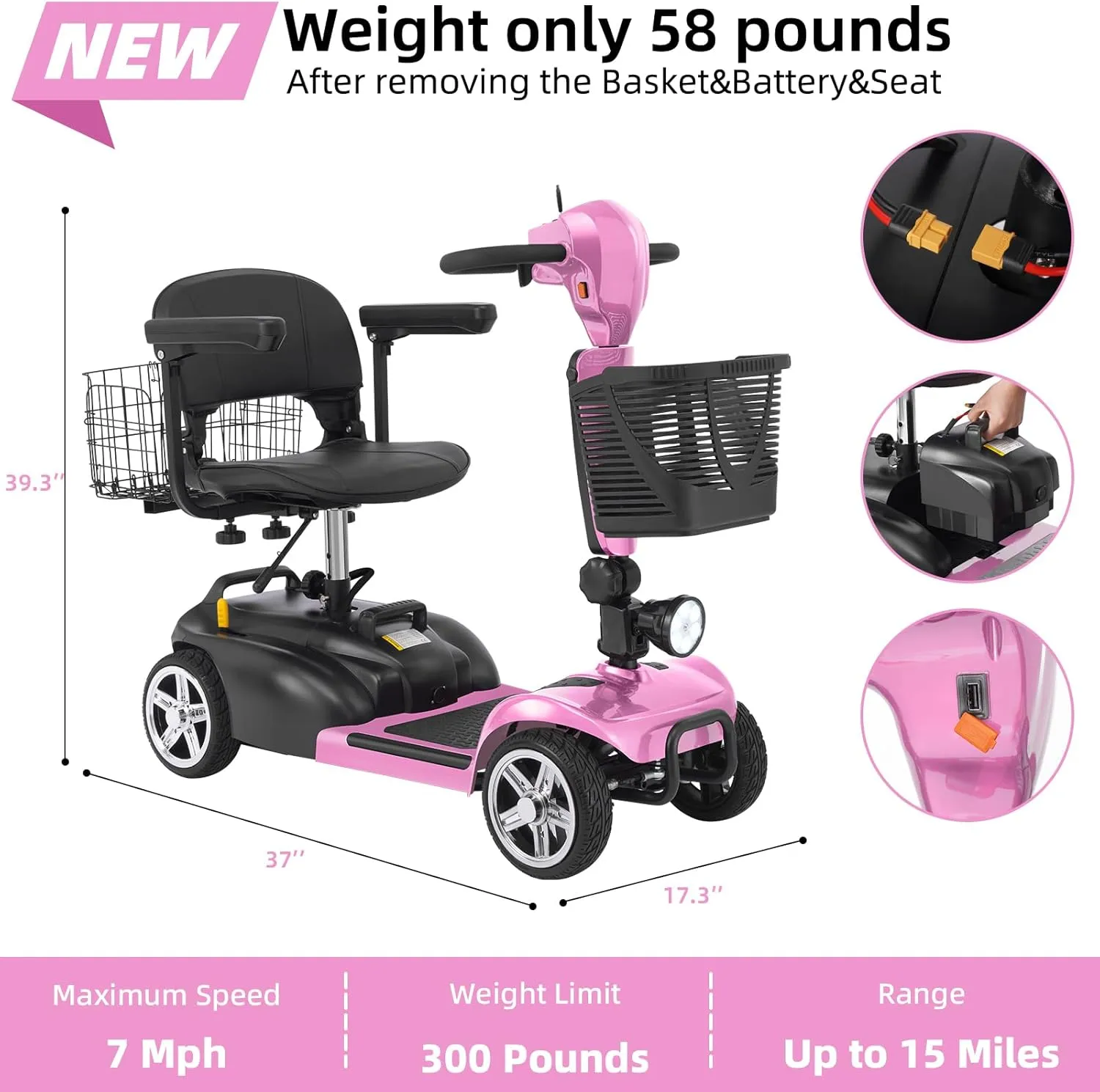 15/30 Miles Mbxcooter 4 Wheels Mobility Scooter for Adults&Seniors Up to 300LBS, 350W Electric Powered Wheelchair Device with Extended Battery, Dual Baskets, Rotating Seat, Weight Only 58 Pounds