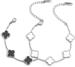 18K Gold bracelets for women Clover Bracelet Set 2Pcs White Flower Bangle Bracelet Lucky Four Leaf Stackable Bracelets Jewelry Gifts Trendy for Women non Tarnish