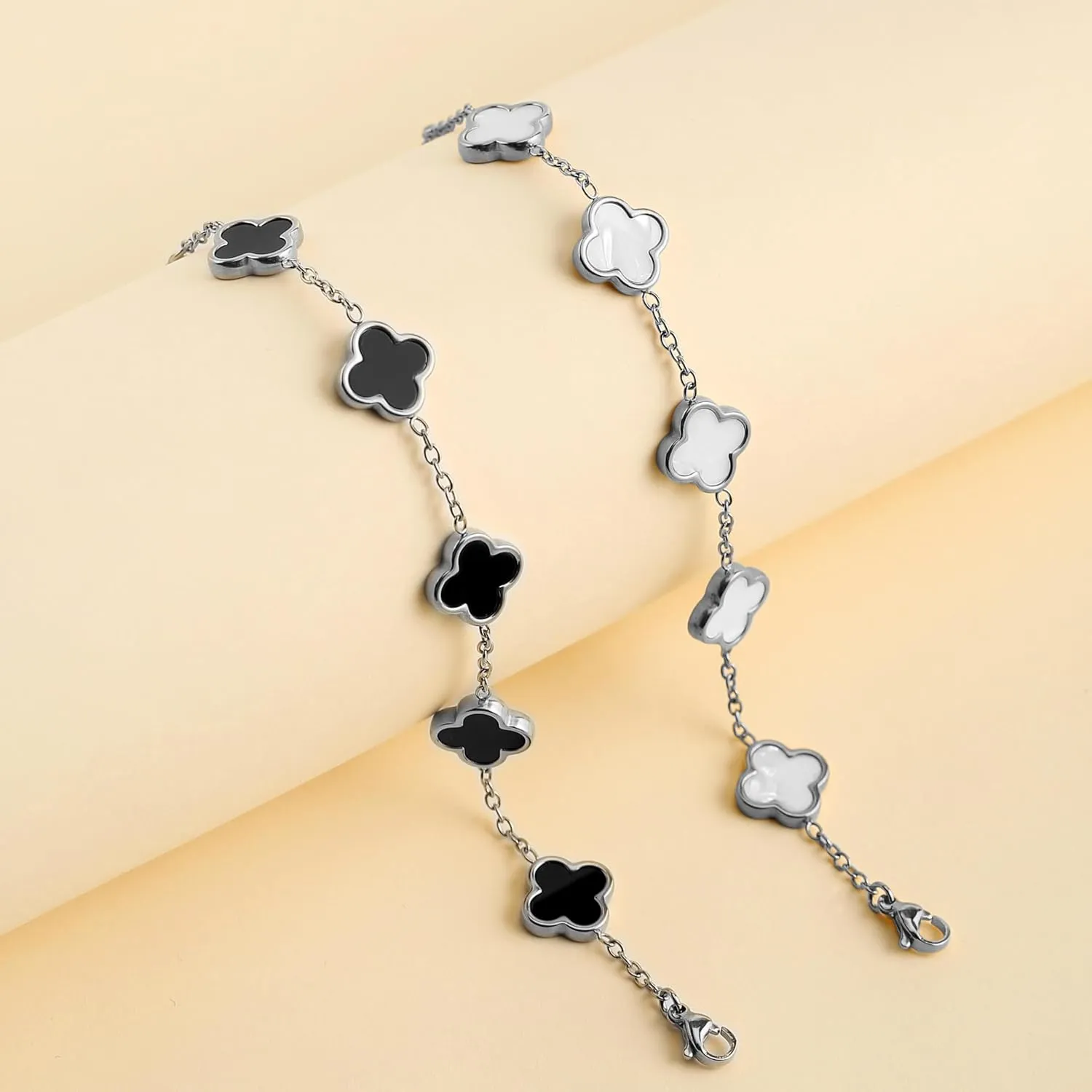 18K Gold bracelets for women Clover Bracelet Set 2Pcs White Flower Bangle Bracelet Lucky Four Leaf Stackable Bracelets Jewelry Gifts Trendy for Women non Tarnish