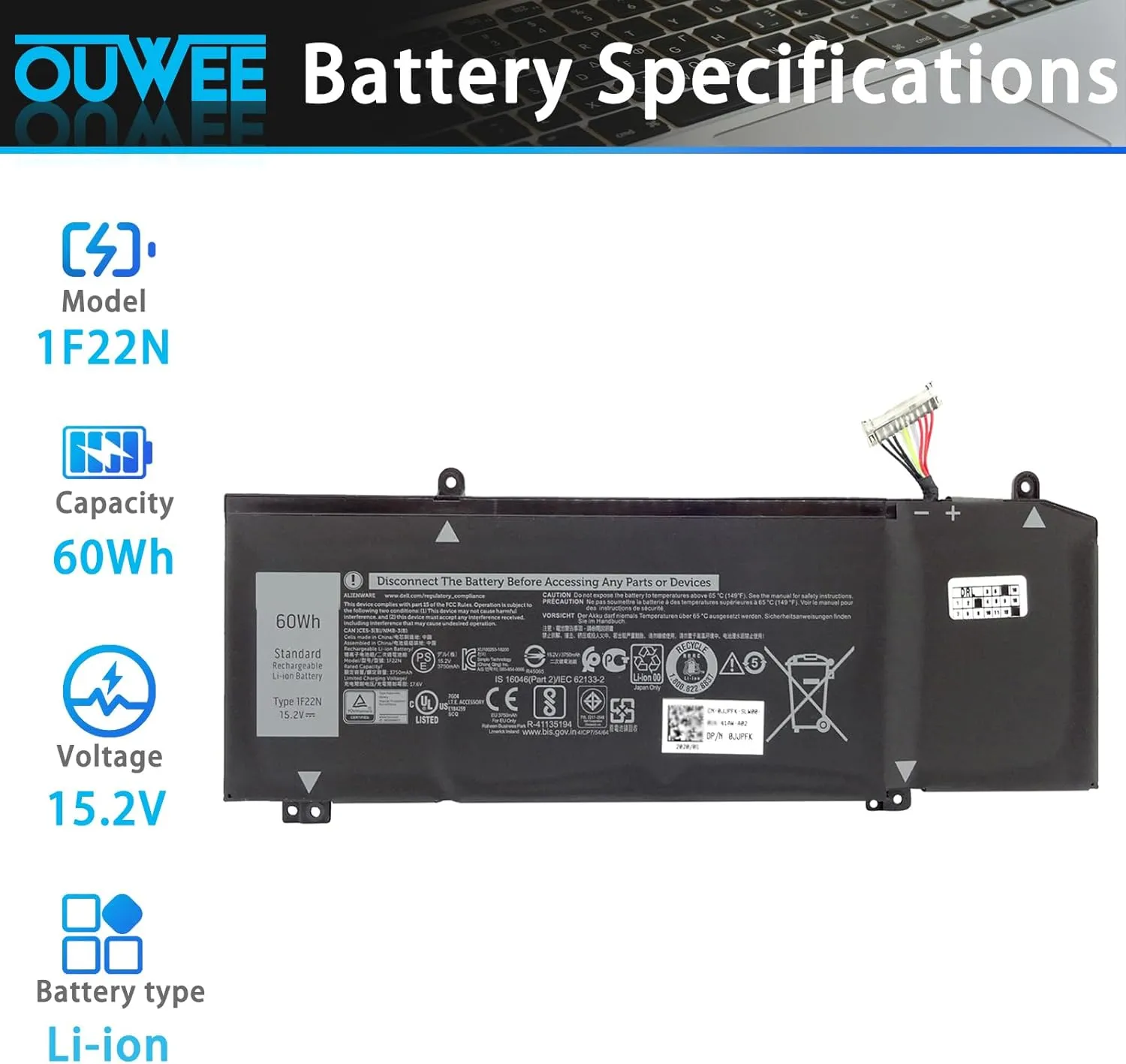 1F22N Laptop Battery for Dell Alienware M15 R1 M17 R1, G5 15 5590 5590-D2783W 5590-D2743B D2842W D2843W D2865B G7 7590 D2785B ALW15M-D1523S, fit for JJPFK 0JJPFK 06YV0V HYWXJ 0HYWXJ 15.2V 60WH