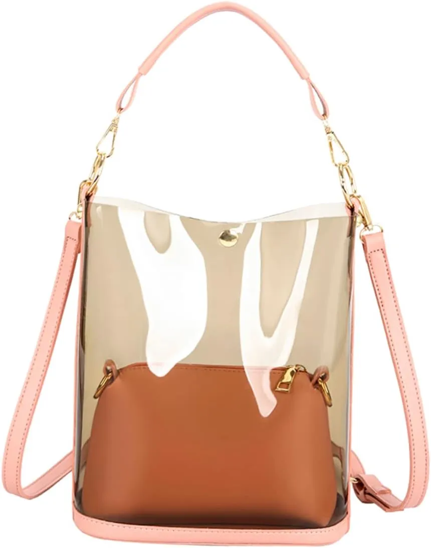 1Pc Pink Transparent Bucket Bag Fashion Messenger Clutch Bag for Women Versatile for Travel and Everyday Use Includes Long Chain for Versatile Carrying