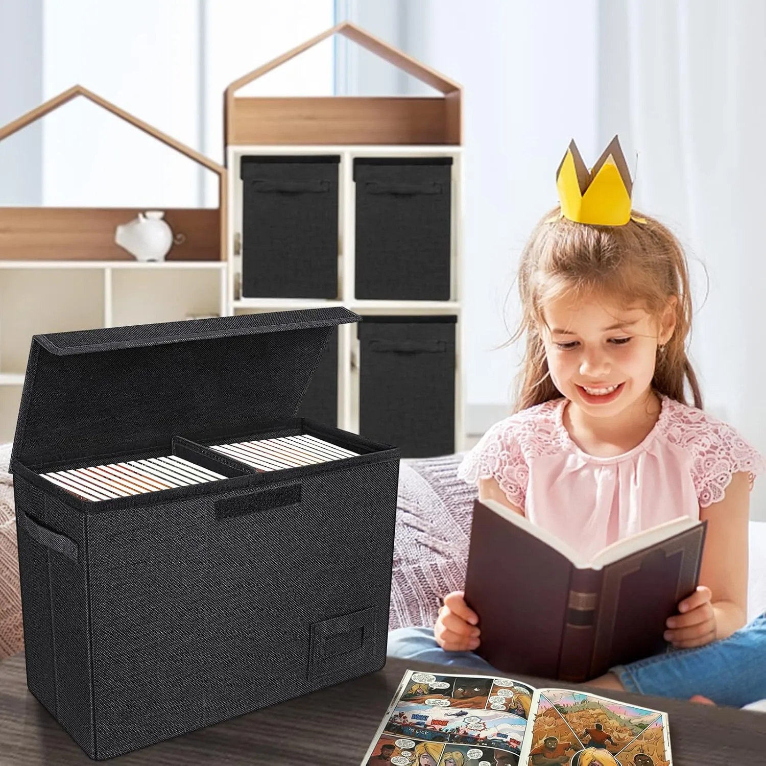 2-Pack Comic Book Organizer, Collapsible Comics Book Case with Dividers and Carrying Handles, Comic Short Box Holds 150 Comics, 15.5" X 7.5" X 11.3" Heavy-Duty Stackable Case