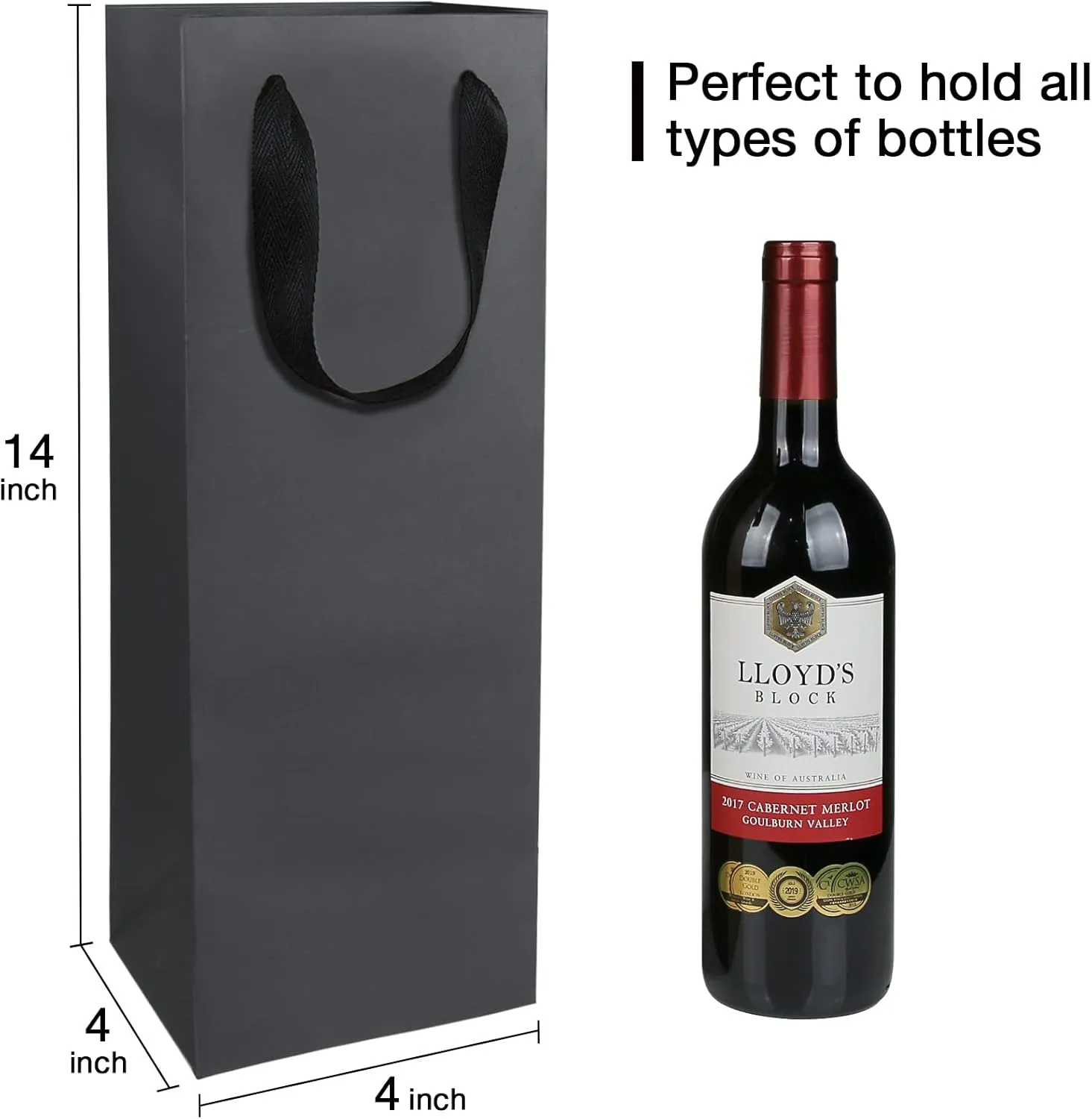 20 Pack Black Wine Bottle Bags Bulk 4x4x14 inch, Kraft Paper Gift Bags with Handles Champagne Alcohol Retail Bags