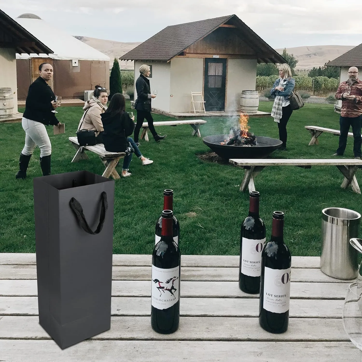 20 Pack Black Wine Bottle Bags Bulk 4x4x14 inch, Kraft Paper Gift Bags with Handles Champagne Alcohol Retail Bags