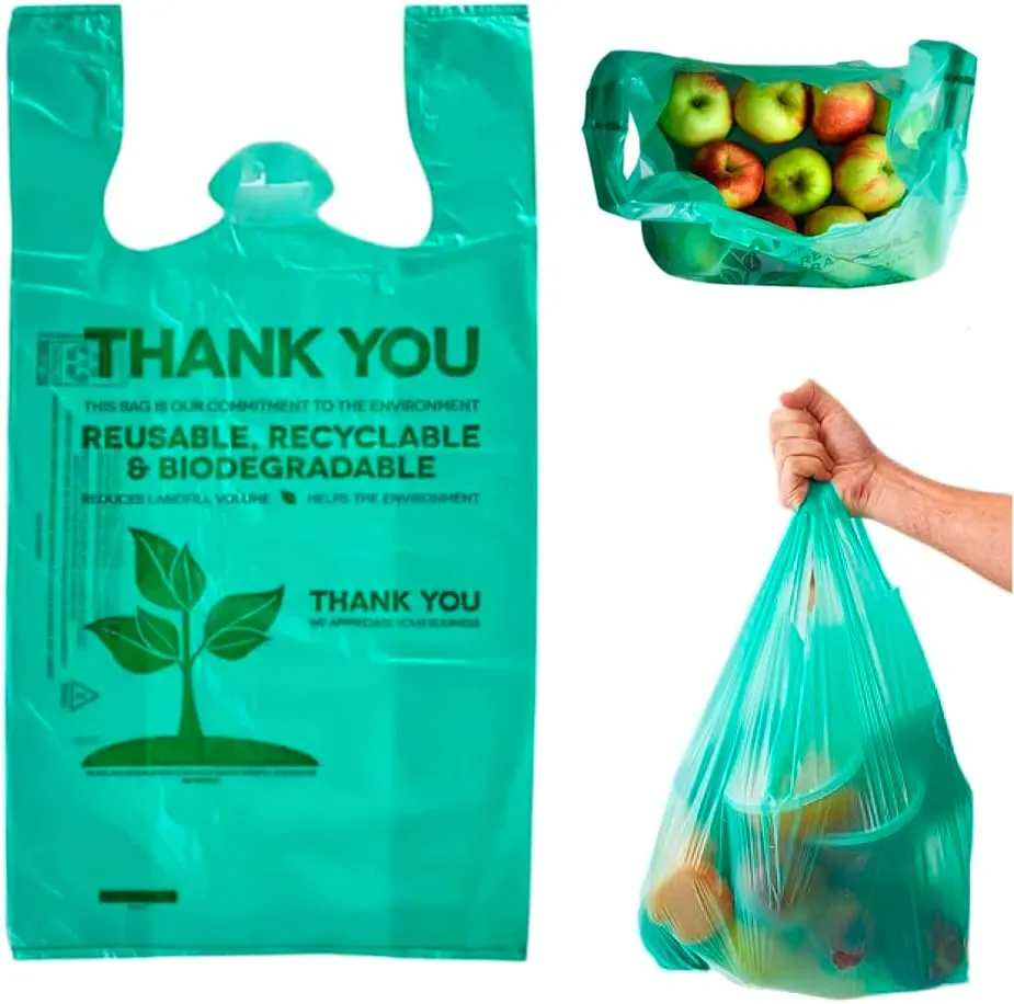 200 pcs Biodegradable Shopping Green Plastic Bags with Handles 22" x 12" Tshirt Thank You Eco Friendly Reusable Grocery Bags for Small Business Restaurant Groceries Supermarket Retail Store