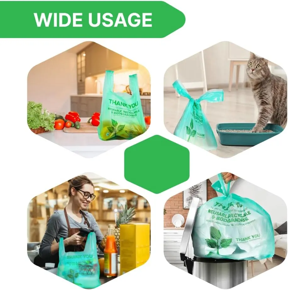 200 pcs Biodegradable Shopping Green Plastic Bags with Handles 22" x 12" Tshirt Thank You Eco Friendly Reusable Grocery Bags for Small Business Restaurant Groceries Supermarket Retail Store