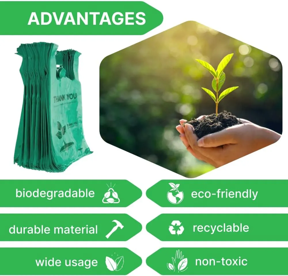 200 pcs Biodegradable Shopping Green Plastic Bags with Handles 22" x 12" Tshirt Thank You Eco Friendly Reusable Grocery Bags for Small Business Restaurant Groceries Supermarket Retail Store