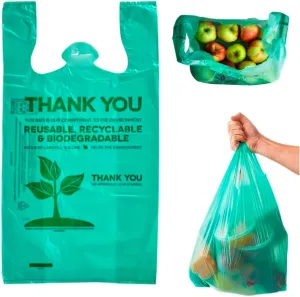 200 pcs Biodegradable Shopping Green Plastic Bags with Handles 22" x 12" Tshirt Thank You Eco Friendly Reusable Grocery Bags for Small Business Restaurant Groceries Supermarket Retail Store