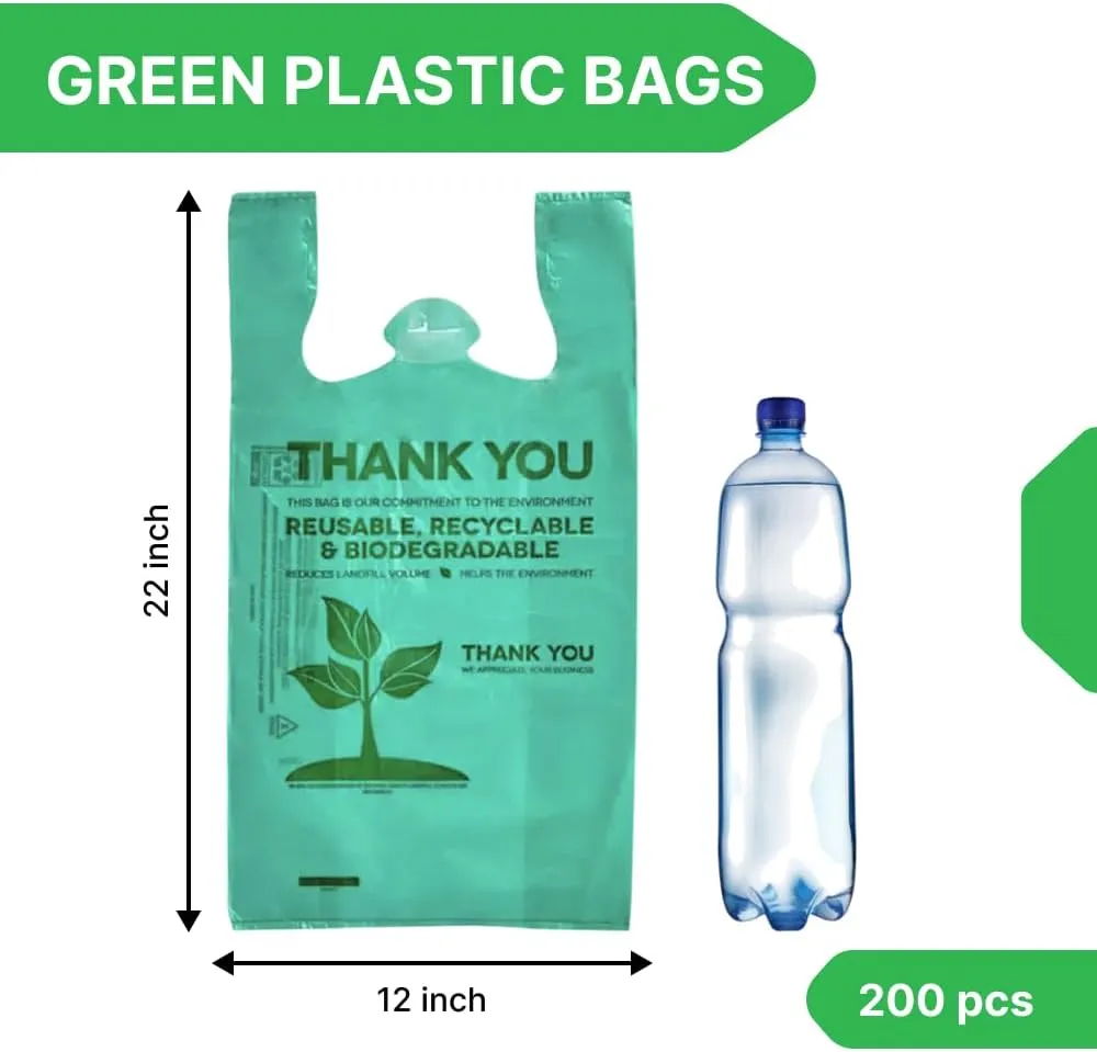 200 pcs Biodegradable Shopping Green Plastic Bags with Handles 22" x 12" Tshirt Thank You Eco Friendly Reusable Grocery Bags for Small Business Restaurant Groceries Supermarket Retail Store