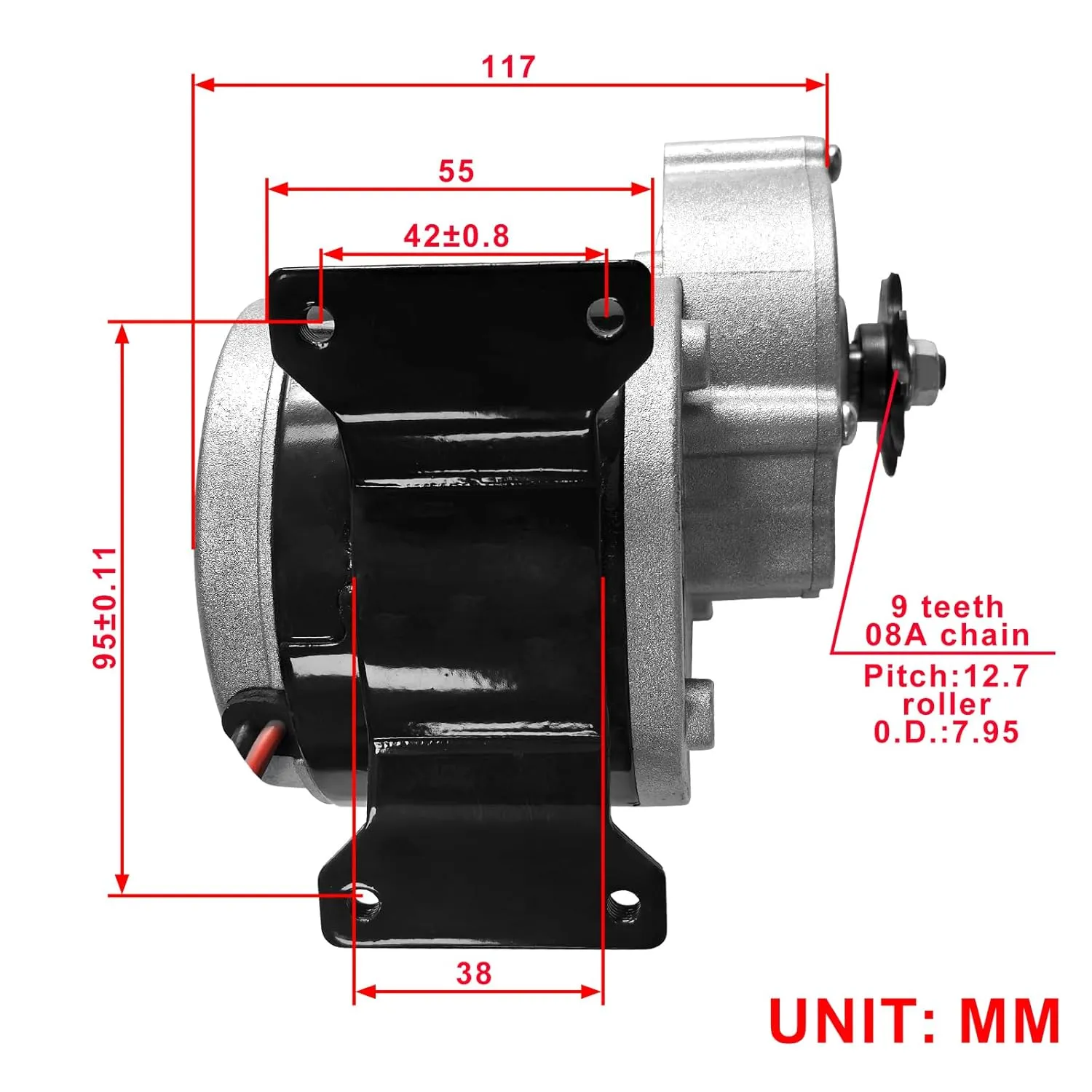 24 Volt 350 Watt MY1016Z3 Gear Reduction Electric Motor with 9 Tooth Sprocket for E Scooter