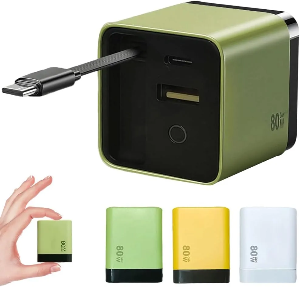 3 in 1 GaN Charger, 2025 New Scalable 80w Max Fast Charger Module with Type C Cable and 2 USB Ports, Retractable Phone Wall Plug for iPhone, Phone and Laptops (Green)