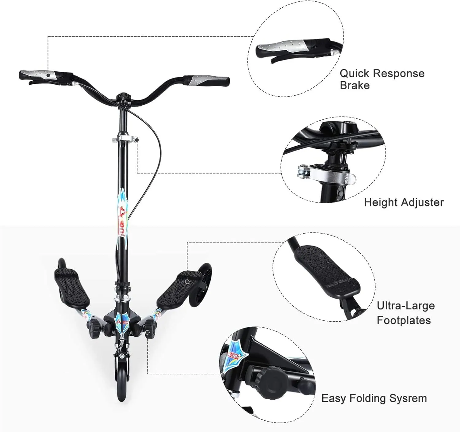 3 Wheel Foldable Scooter Swing Scooter Tri Slider Kick Wiggle Scooters Push Drifting with Adjustable Handle for Boys/Girl/Adult Age 8 Years Old and Up
