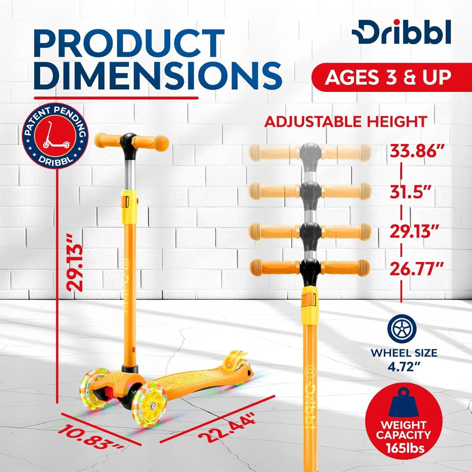 3-Wheel Kids Scooter - Lean-to-Steer Technology, Adjustable Height Handlebar, Wide Anti-Slip Deck, Scooter for Boys & Girls Ages 3 , Child Safety Approved, Support Riders Up to 165 lbs, Orange