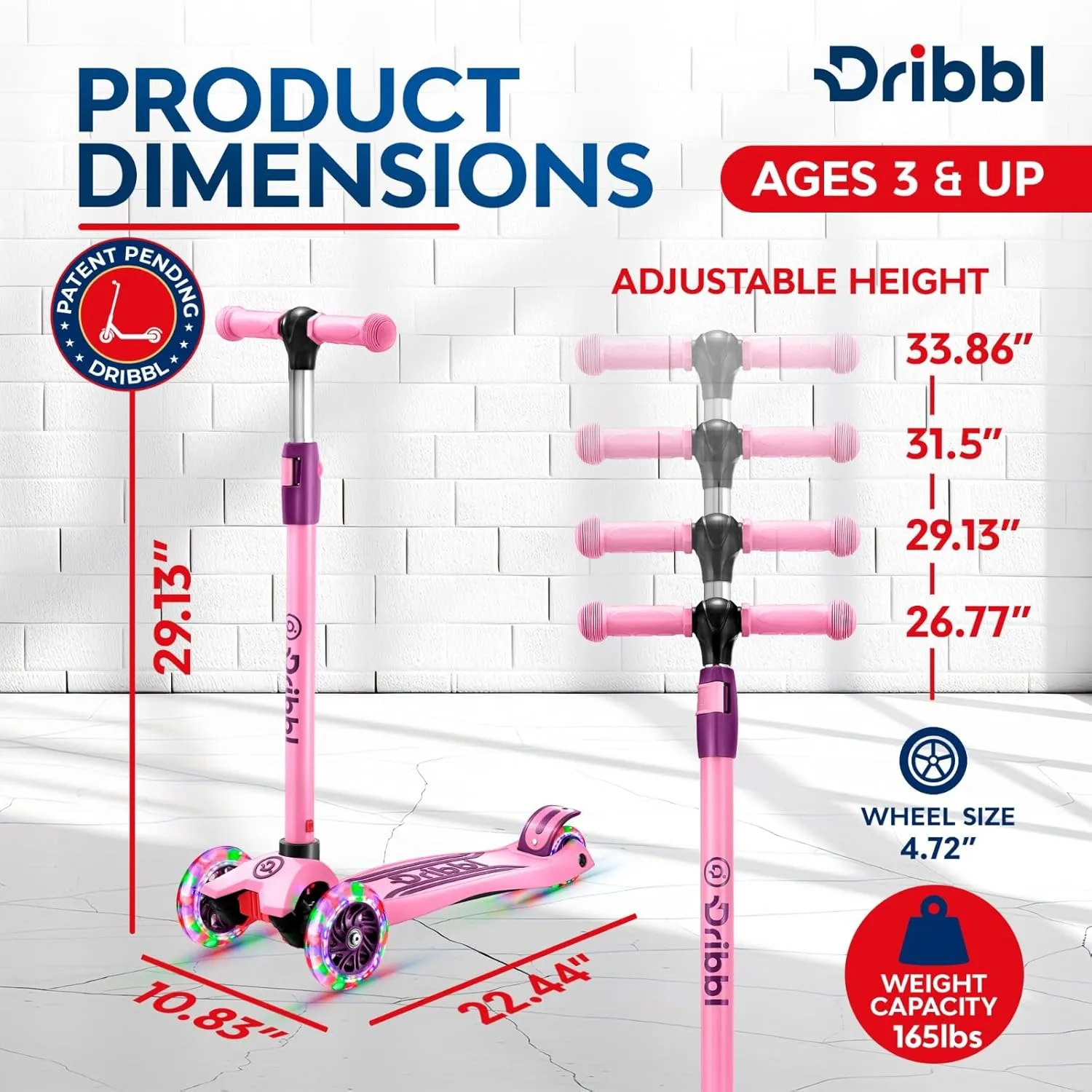 3-Wheel Kids Scooter - Lean-to-Steer Technology, Adjustable Height Handlebar, Wide Deck, Scooter for Boys & Girls Ages 3 , Child Safety Approved, Support Riders Up to 165 lbs, Purple and Pink
