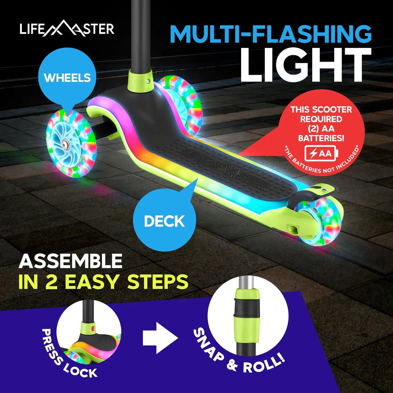3-Wheel Kids Scooter with Multi-Color Lights on Deck & Wheels – 5-Height Adjustable Handlebar, Wide Anti-Slip Deck, Child Safety Certified, Boys & Girls Ages 3  Supports Up to 150 lbs