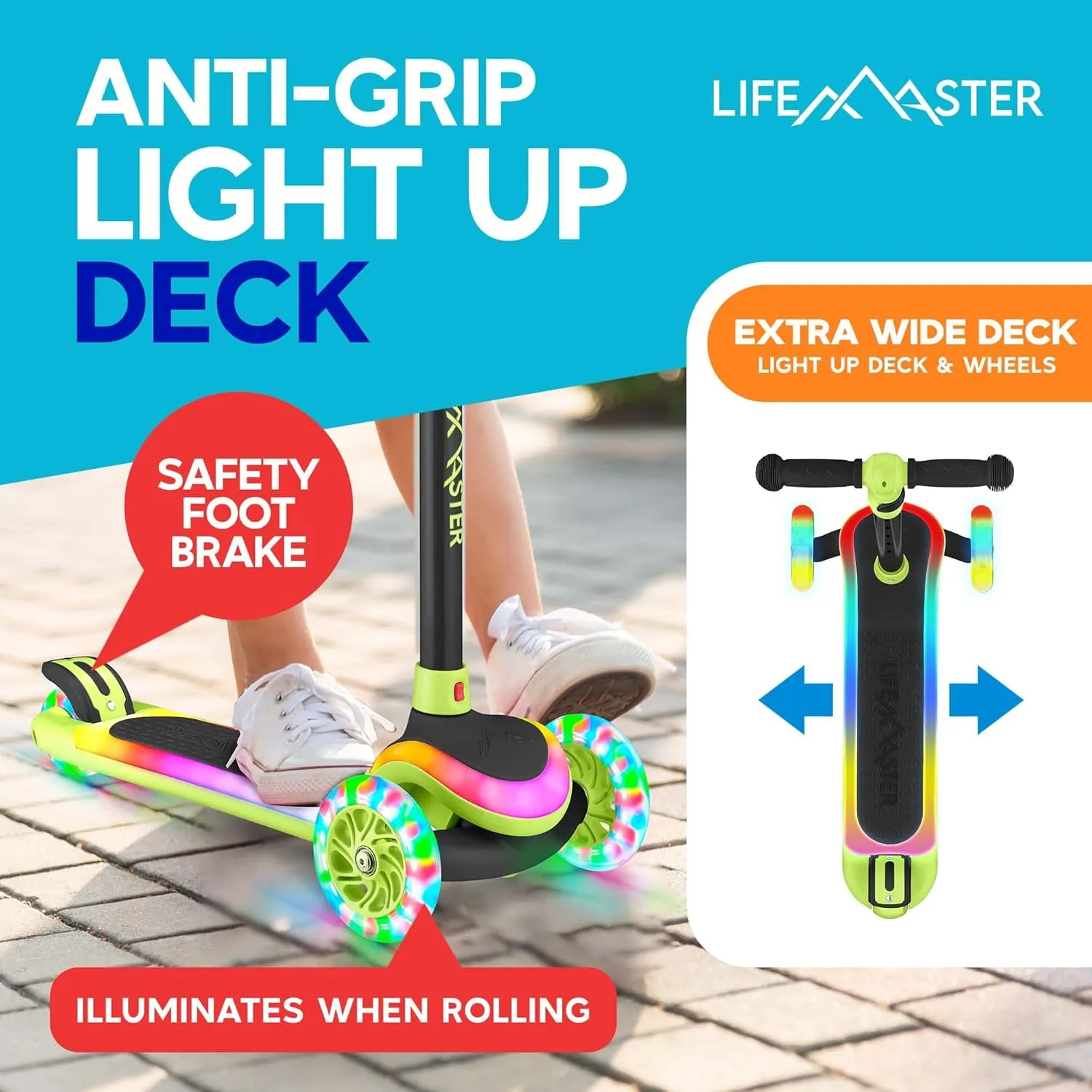 3-Wheel Kids Scooter with Multi-Color Lights on Deck & Wheels – 5-Height Adjustable Handlebar, Wide Anti-Slip Deck, Child Safety Certified, Boys & Girls Ages 3  Supports Up to 150 lbs