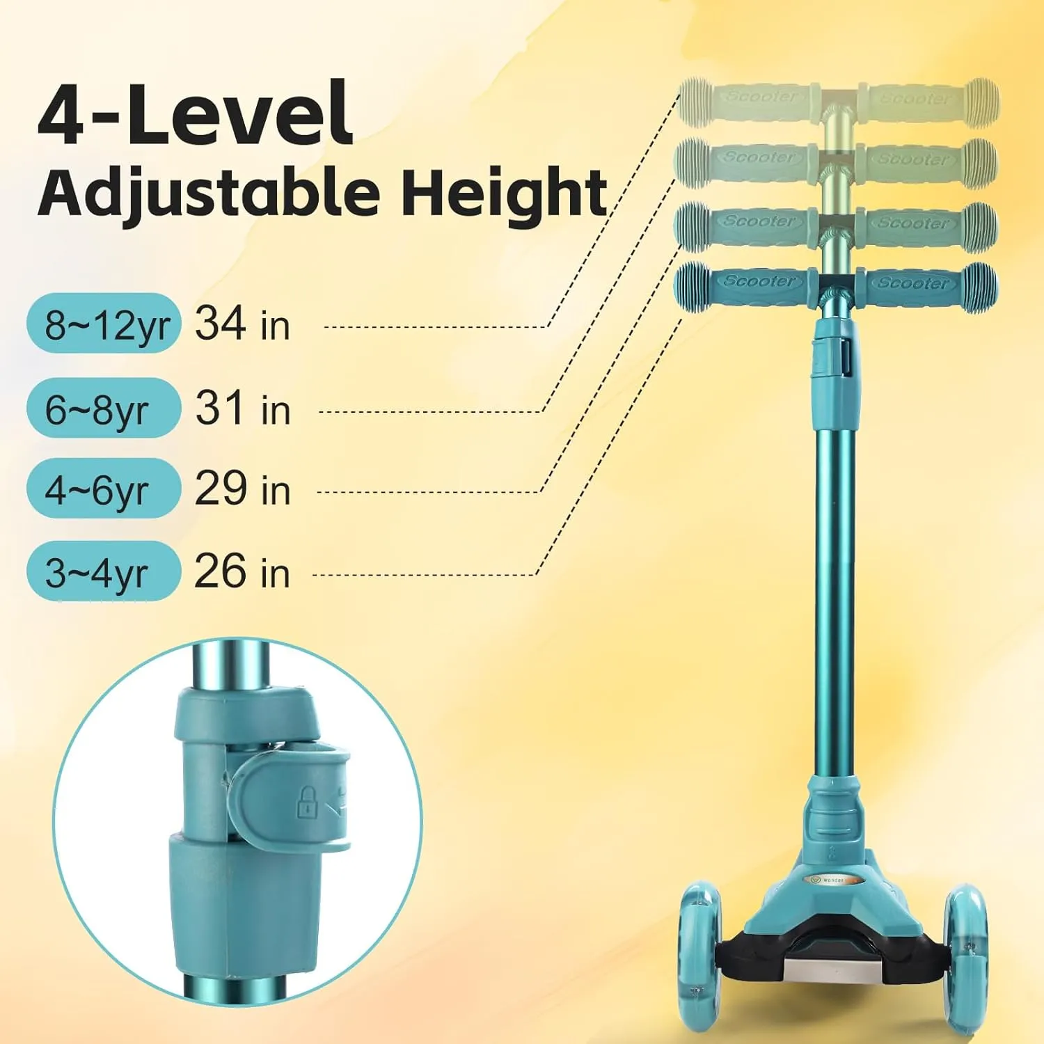 3 Wheel Scooter for Kids Ages 6-12,Kids Scooter with Light Up Wheels, Sturdy Deck Design, and 4 Height Adjustable Suitable for Kids Ages 3-12