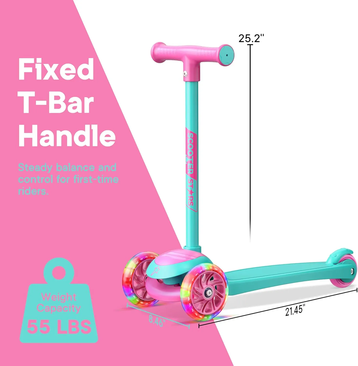 3 Wheel Scooter for Kids, Smooth Light Up LED Front Wheels, Wide Anti Slip Deck, Rear Foot Brake, Easy Maneuvering T-bar Handle, Indoor & Outdoor Ride On Toys for Ages 2 Up