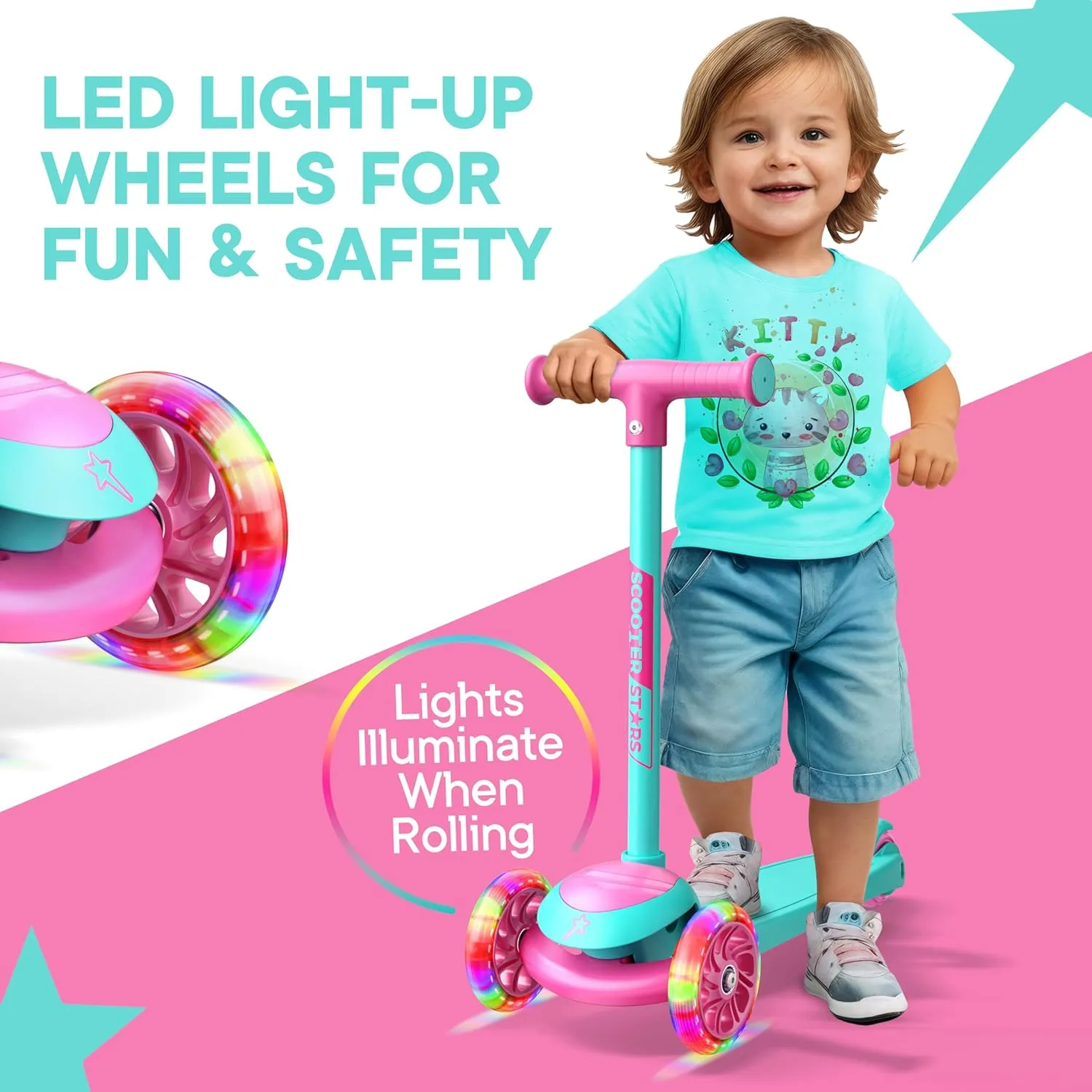 3 Wheel Scooter for Kids, Smooth Light Up LED Front Wheels, Wide Anti Slip Deck, Rear Foot Brake, Easy Maneuvering T-bar Handle, Indoor & Outdoor Ride On Toys for Ages 2 Up