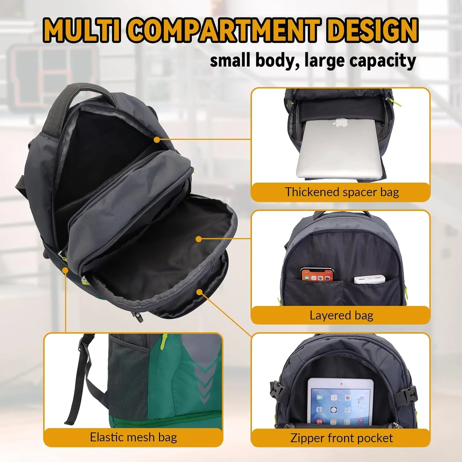 35L Basketball Backpack Large Sports Bag with Separate Ball compartment, for Basketball Soccer Volleyball Swim Gym Travel