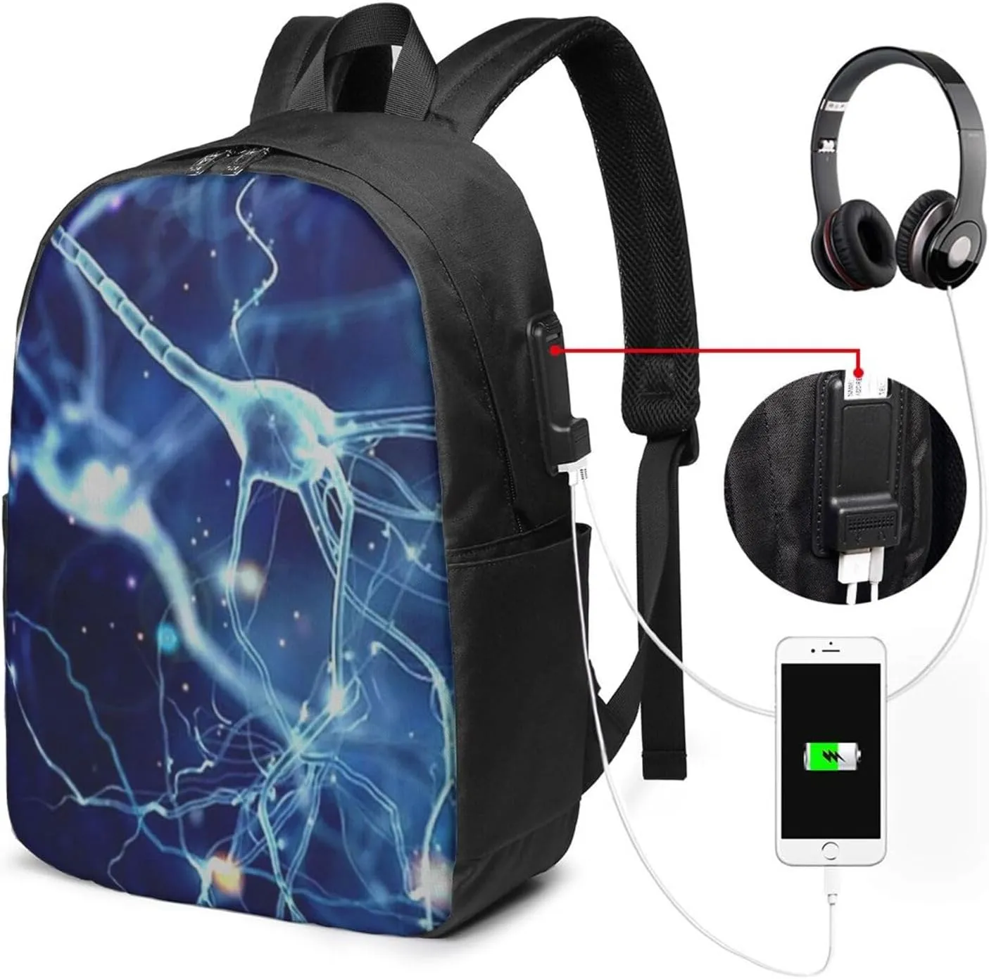 3d Brain Cell Neuron Neurology Backpack, 17 Inch Travel Business Laptop Backpack With USB Port for Women Men