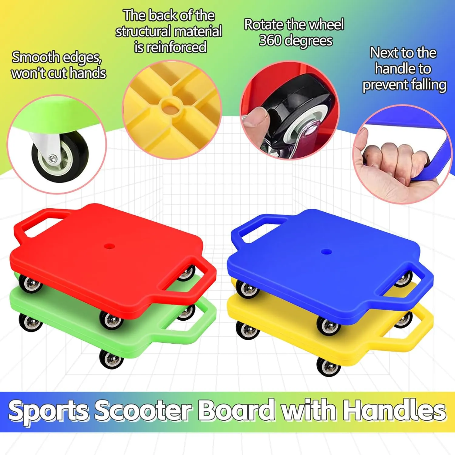 4 Pcs Sports Scooter Board with Handles for Kids Non-Marring Plastic Casters Floor Scooter Board Sitting Scooter Board Boy Girl Gym Indoor Outdoor Activities Play Equipment