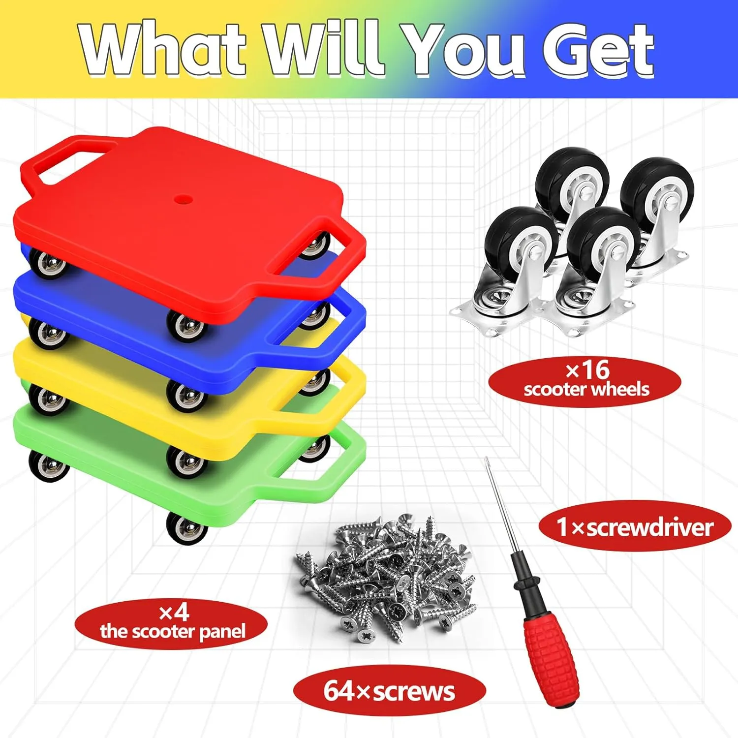 4 Pcs Sports Scooter Board with Handles for Kids Non-Marring Plastic Casters Floor Scooter Board Sitting Scooter Board Boy Girl Gym Indoor Outdoor Activities Play Equipment