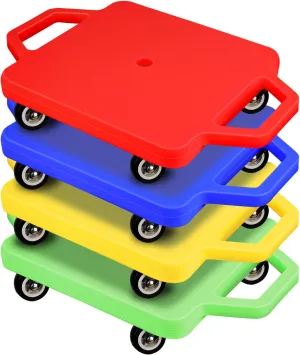 4 Pcs Sports Scooter Board with Handles for Kids Non-Marring Plastic Casters Floor Scooter Board Sitting Scooter Board Boy Girl Gym Indoor Outdoor Activities Play Equipment