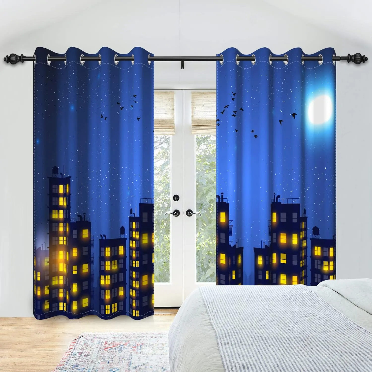 42x63inches Superhero City Curtains Humor Cartoon Comic Super Hero City Skyline Buildings Window Drapes 2 Panels Room Darkening Thermal Insulated Window Curtains for Boys Bedroom Living Room
