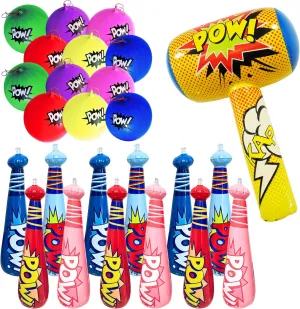 4E's Novelty 25 Piece Set - 12 Oversized 20'' Pow Inflatable Baseball Bats, 12 Punch Balloon, 1 Huge 30" Bopper - for Superhero Theme Birthday Party Favors for Kids, Carnival Prizes Party Supplies