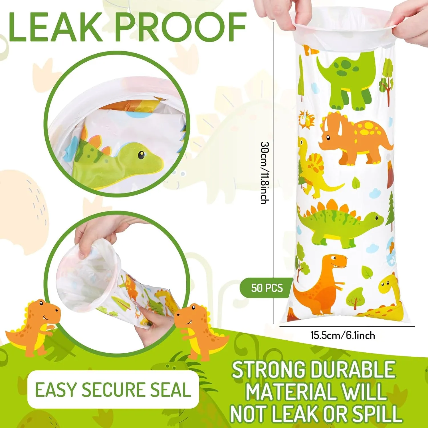 50Pcs Kids Vomit Bags Disposable Dinosaur Emesis Barf Bags Leak Proof Self Sealing Portable Throw Up Bag for Motion Car Air Sea Sickness Nausea Travel