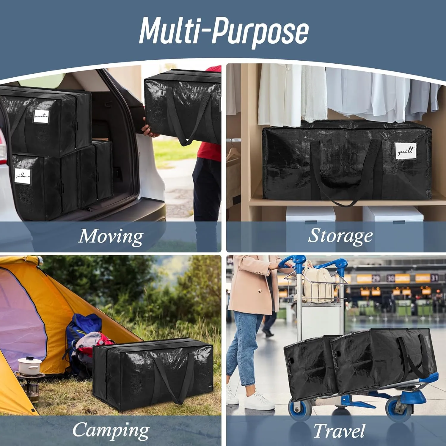 6 Pack Extra Heavy Duty Large Moving Bags with Strong Zipper & Comfortable Handles, Sturdy & Durable Clothes Storage Bags Totes Bins, Packing Moving Boxes for College Supplies, Black