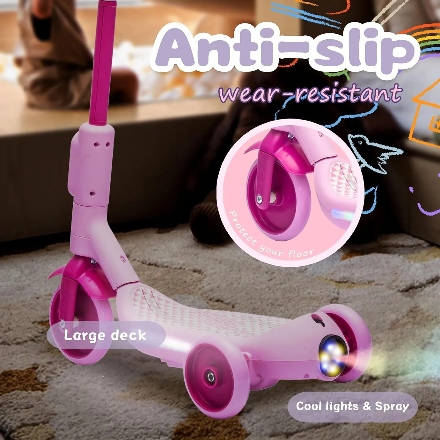 6V Kids Ride on Toys for Toddlers, 3-Wheel Scooter for Kids w/Wider Pedal, One-Button Start, Tail Color Lights w/Spray, 3.11 Mph Speed, Music, Electric Ride on Toy Gift for Boys/Girls, Pink