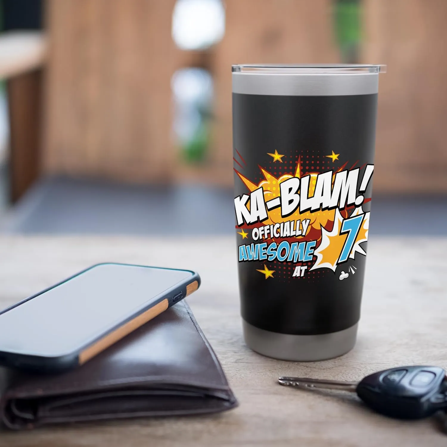 7th Birthday Comic Style Ka-Blam! 7 Year Old Kids Boys Girls Stainless Steel Insulated Tumbler